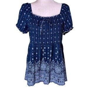 Women’s Boho Smocked Peasant Top Bandana Print Puff Sleeve Festival Paisley XL
